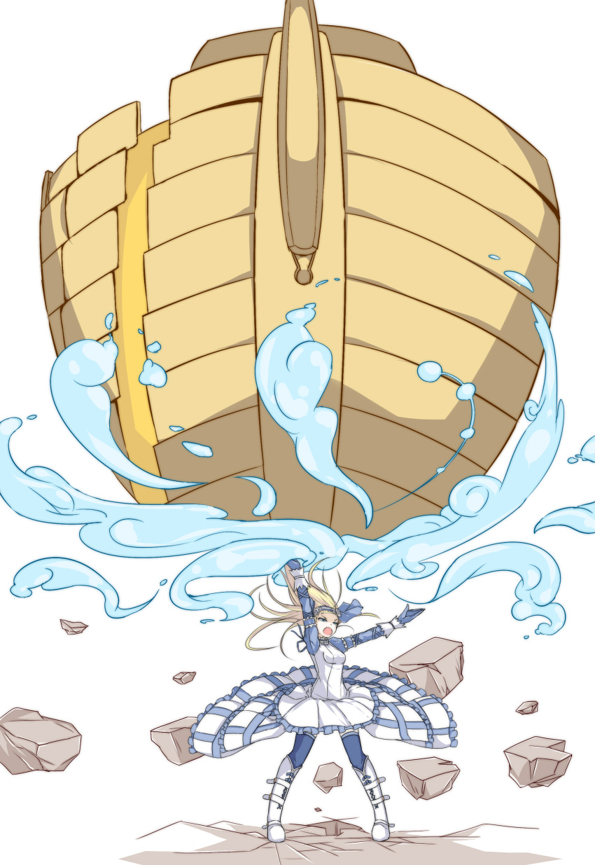 1girl, absurdres, armlet, blonde_hair, blue_eyes, blue_legwear, blue_ribbon, boat