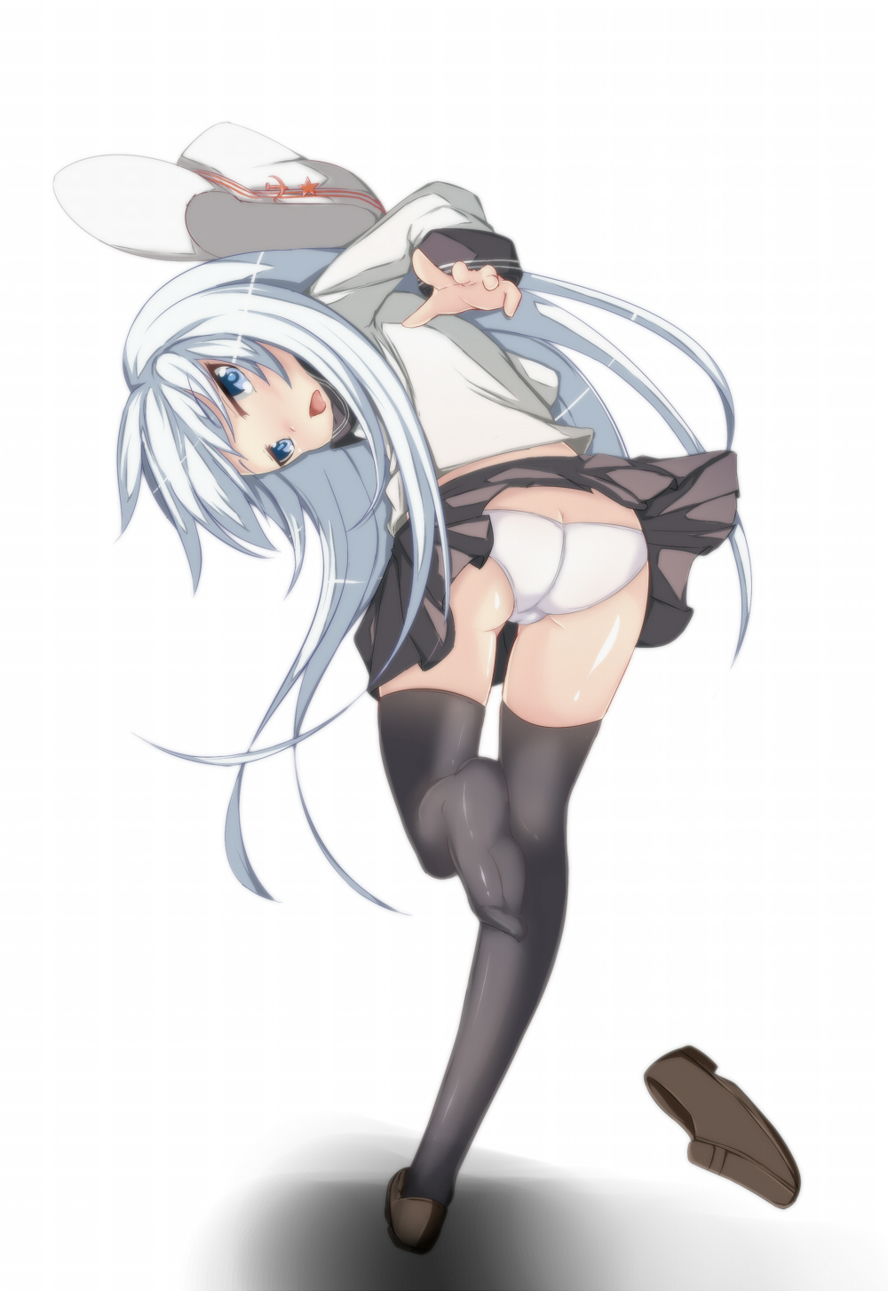 1girl, ass, black_legwear, black_skirt, blue_eyes, butt_crack, chestnut_mouth, denis053