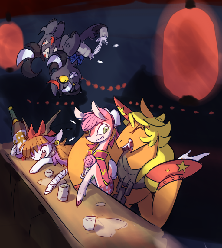 alcohol, animalization, bar, blonde_hair, bottle, closed_eyes, deer, flying_sweatdrops