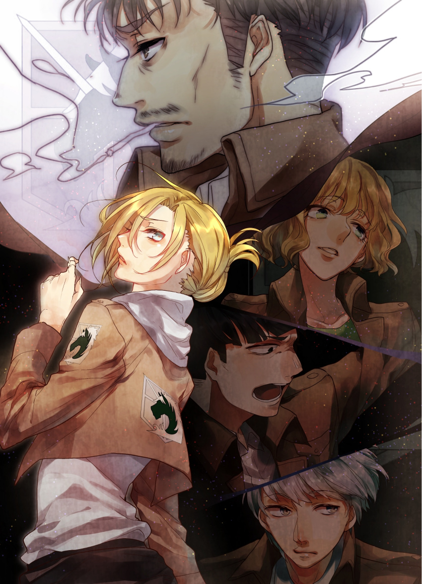 2girls, 3boys, annie_leonhardt, black_eyes, black_hair, blonde_hair, blue_eyes, boris_feulner, cigarette, facial_hair, female, folded_ponytail, green_eyes, highres, hitch_(shingeki_no_kyojin), hoodie, jacket, jewelry, long_sleeves, male, marlowe_freudenberg, military, military_uniform, multiple_boys, multiple_girls, nile_dawk, open_mouth, parted_lips, ring, rituiti, shingeki_no_kyojin, short_hair, silver_hair, smoke, smoking, uniform