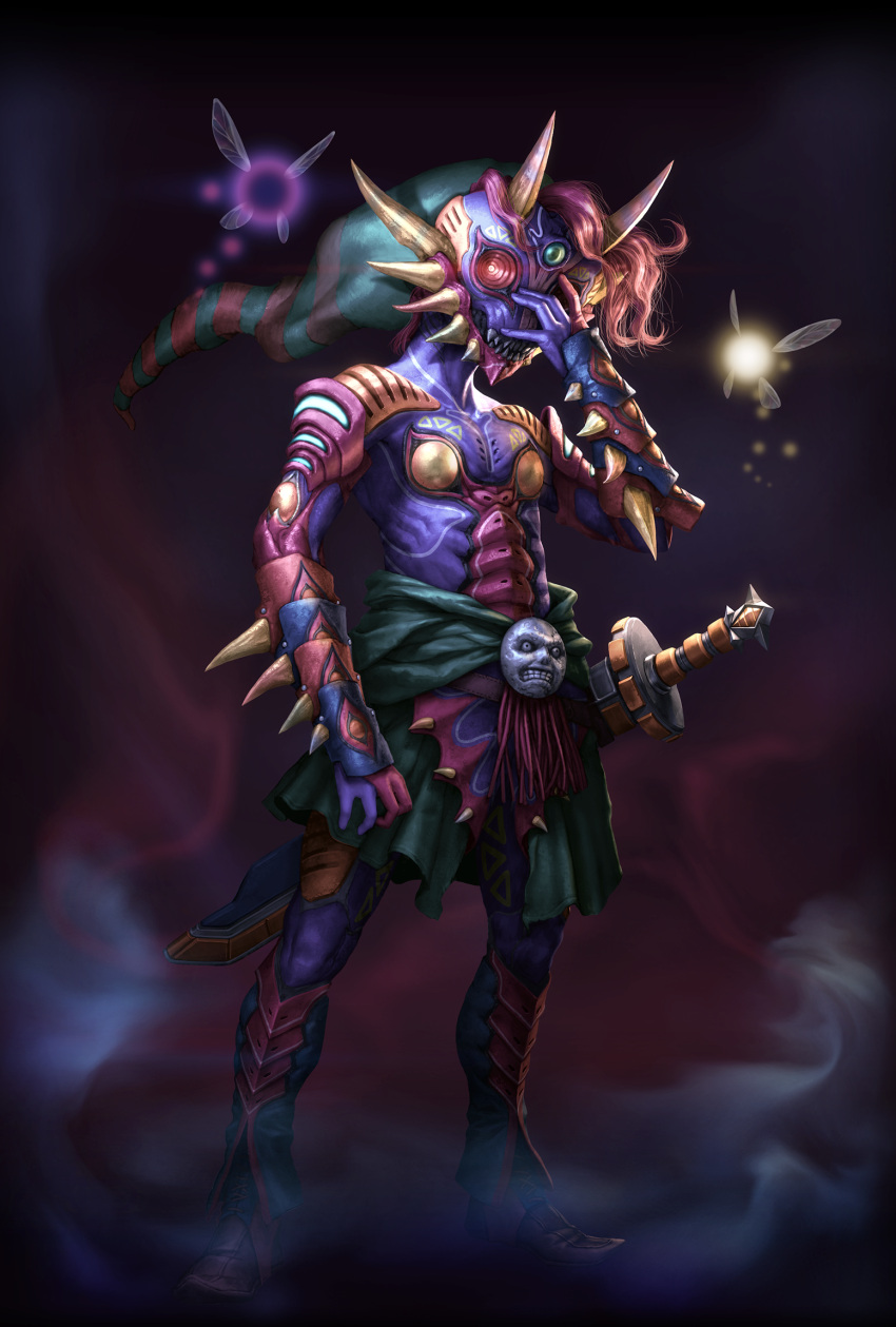 1boy, ag+_(atelieriji), dark_persona, hat, highres, link, majora's_mask, mask, moon, purple_skin, redhead, solo, standing, sword, tael, tatl, the_legend_of_zelda, weapon
