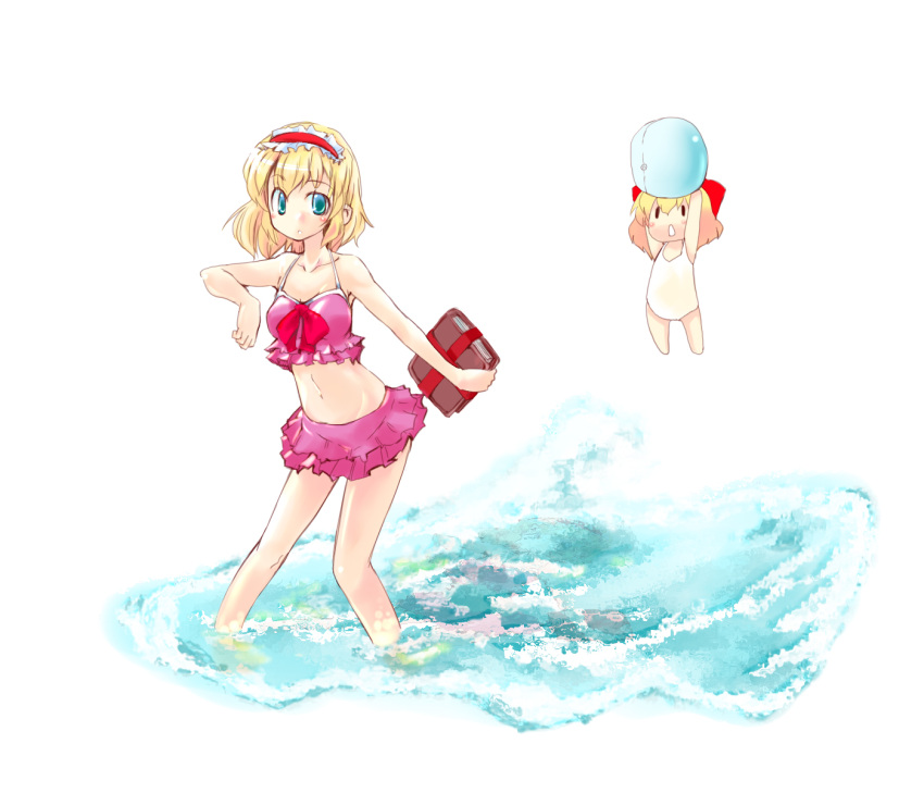 bikini_skirt, blonde_hair, blue_hair, book, highres, matching_shanghai, navel, one-piece_swimsuit
