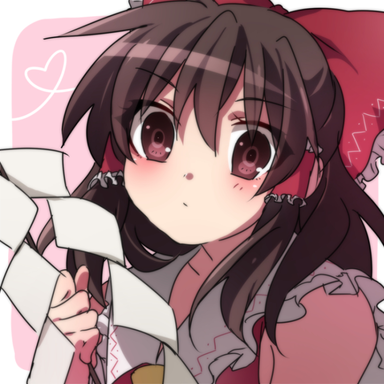 1girl, :/, bow, brown_eyes, brown_hair, close-up, gohei, hair_bow