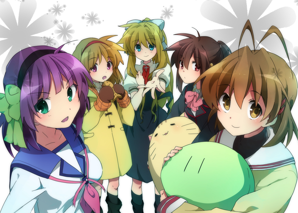>:d, 5girls, :/, :d, ahoge, air, angel_beats!, blue_eyes