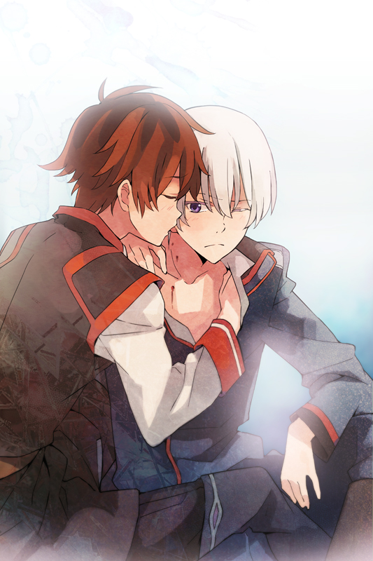 2boys, bite_mark, blush, boots, brown_hair, kakumeiki_valvrave, kiss, l-elf