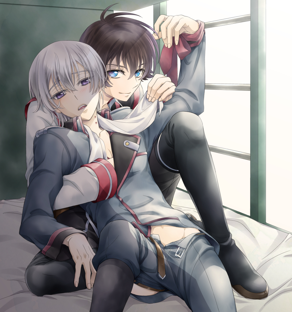 2boys, bed, bite_mark, blue_eyes, blush, boots, brown_hair, kakumeiki_valvrave