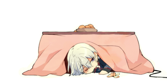 1boy, chibi, food, fruit, kakumeiki_valvrave, kotatsu, l-elf, lying