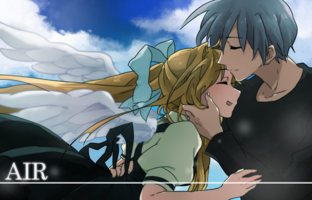 1boy, 1girl, air, black_hair, blonde_hair, bow, closed_eyes, copyright_name