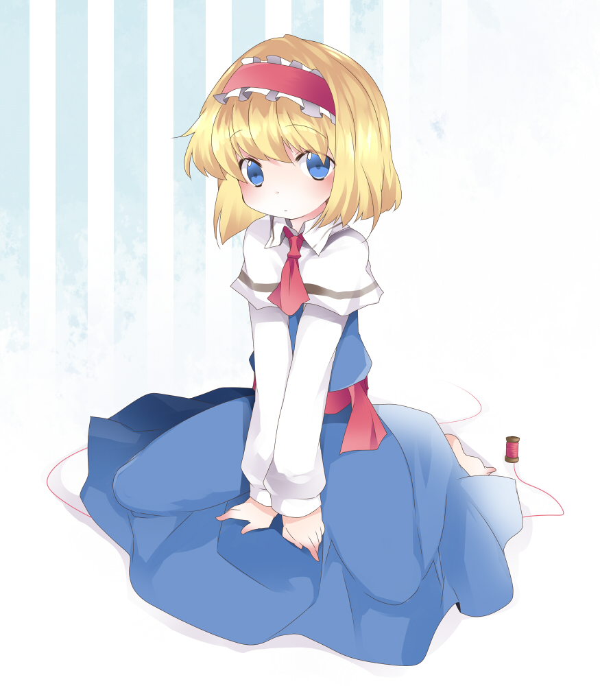 1girl, alice_margatroid, blonde_hair, blue_eyes, capelet, dress, dress_shirt, hairband