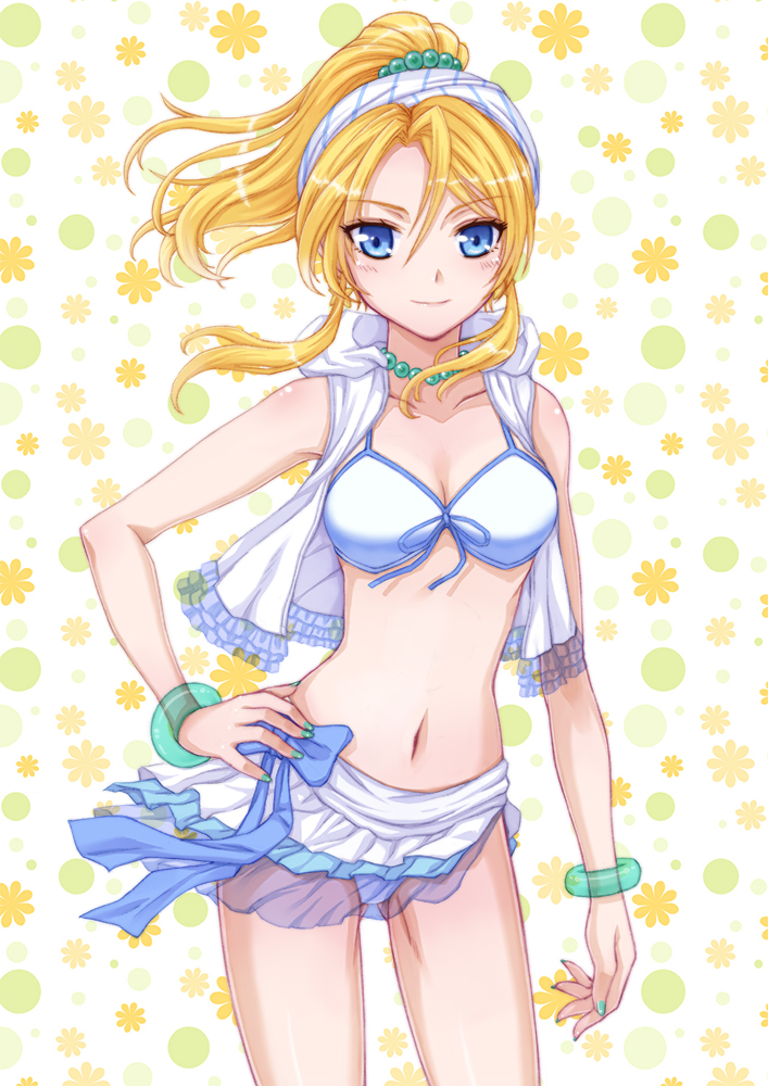 1girl, ayase_eli, bangle, bikini, blonde_hair, blue_eyes, bracelet, breasts