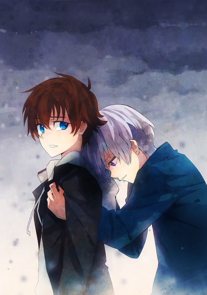 2boys, blue_eyes, brown_hair, clouds, cloudy_sky, hooded_jacket, hug, hug_from_behind