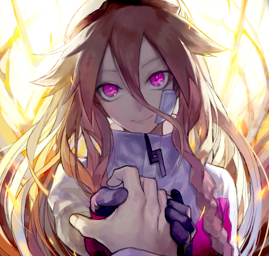 1girl, bandaid_on_face, holding_hands, ia_(vocaloid), long_hair, looking_at_viewer, lor968, pink_eyes, pink_hair, pov, smile, vocaloid