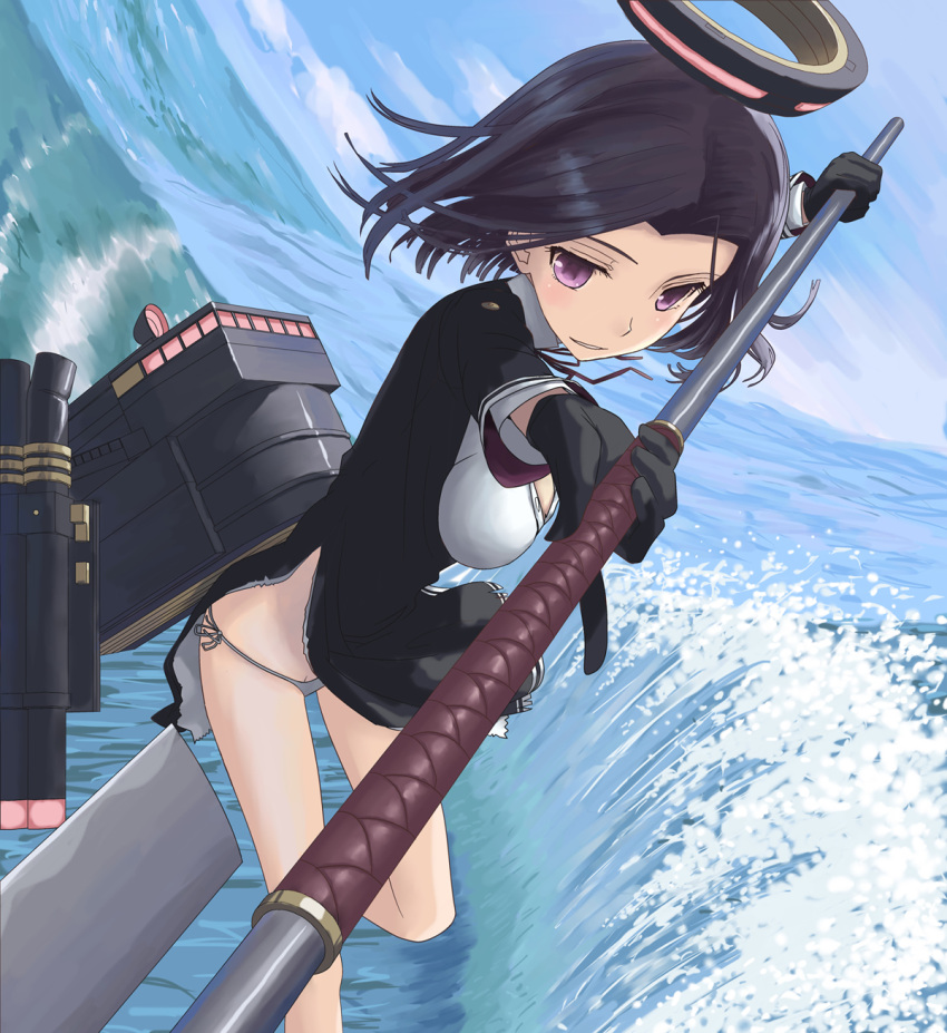 >:), 1girl, black_gloves, gloves, highres, holding, kantai_collection, looking_at_viewer