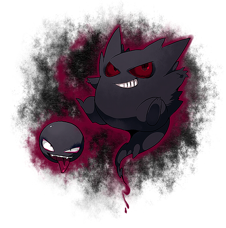 gastly, gengar, no_humans, pokemon, pokemon_(creature), simple_background, white_background, yamipika