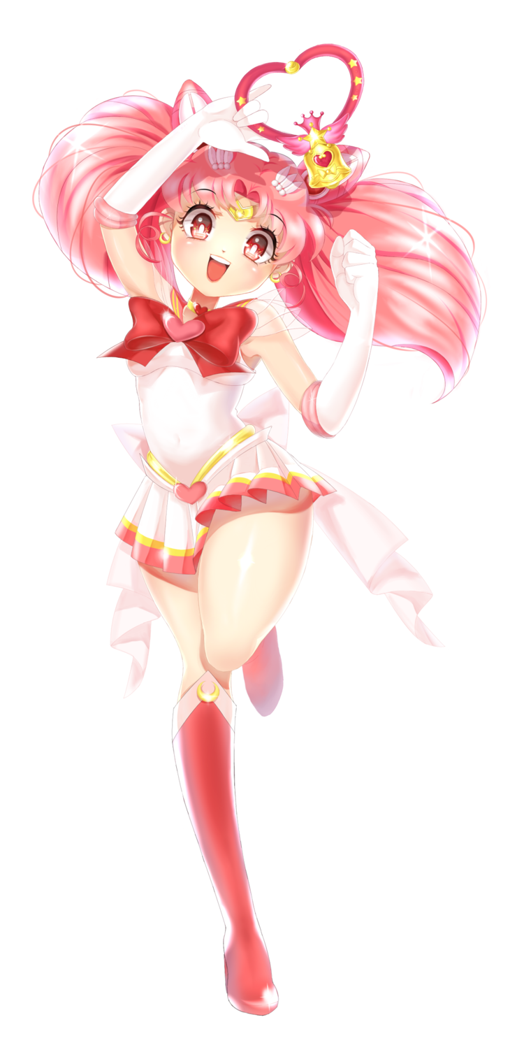 1girl, :d, akz, arm_up, bishoujo_senshi_sailor_moon, boots, bow, brooch, chibi_usa, choker, clenched_hand, crystal_carillon, double_bun, earrings, elbow_gloves, gloves, hair_ornament, hairpin, happy, highres, jewelry, knee_boots, magical_girl, open_mouth, pink_hair, pleated_skirt, red_eyes, ribbon, sailor_chibi_moon, sailor_collar, short_hair, skirt, smile, solo, standing_on_one_leg, super_sailor_chibi_moon, tiara, twintails, white_background, white_gloves