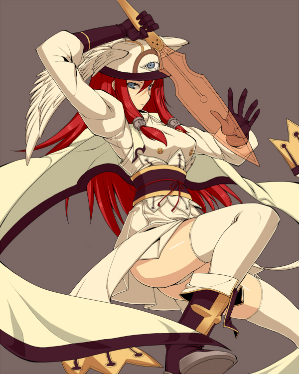 blue_eyes, gloves, hat, kamirobo, long_hair, panties, red_hair, redhead, sword, thigh-highs, thighhighs, tsubaki, tsubaki_yayoi, underwear, weapon