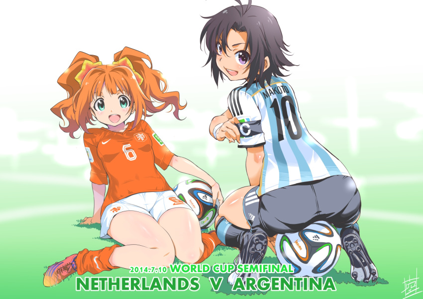 2014_fifa_world_cup, 2girls, antenna_hair, argentina, armband, ass, ball, black_hair