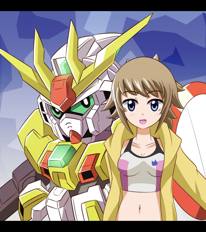 blue_eyes, brown_hair, hoshino_fumina, jacket, midriff, navel, sports_bra, superhamasuke, winning_gundam