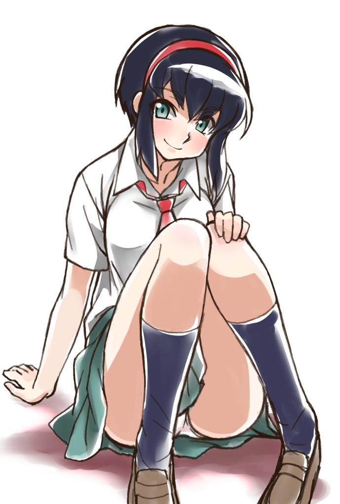 1girl, amano_hosikawa, aqua_eyes, black_hair, blush, collared_shirt, hairband, kneehighs