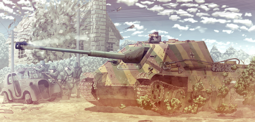 aiming, behind_cover, binoculars, black_hair, cannon, car, caterpillar_tracks, earasensha