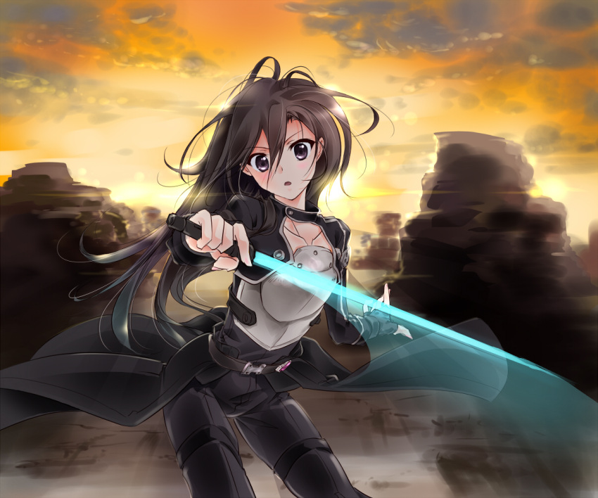 1boy, black_eyes, black_hair, breastplate, energy_sword, fingerless_gloves, gloves, kirito