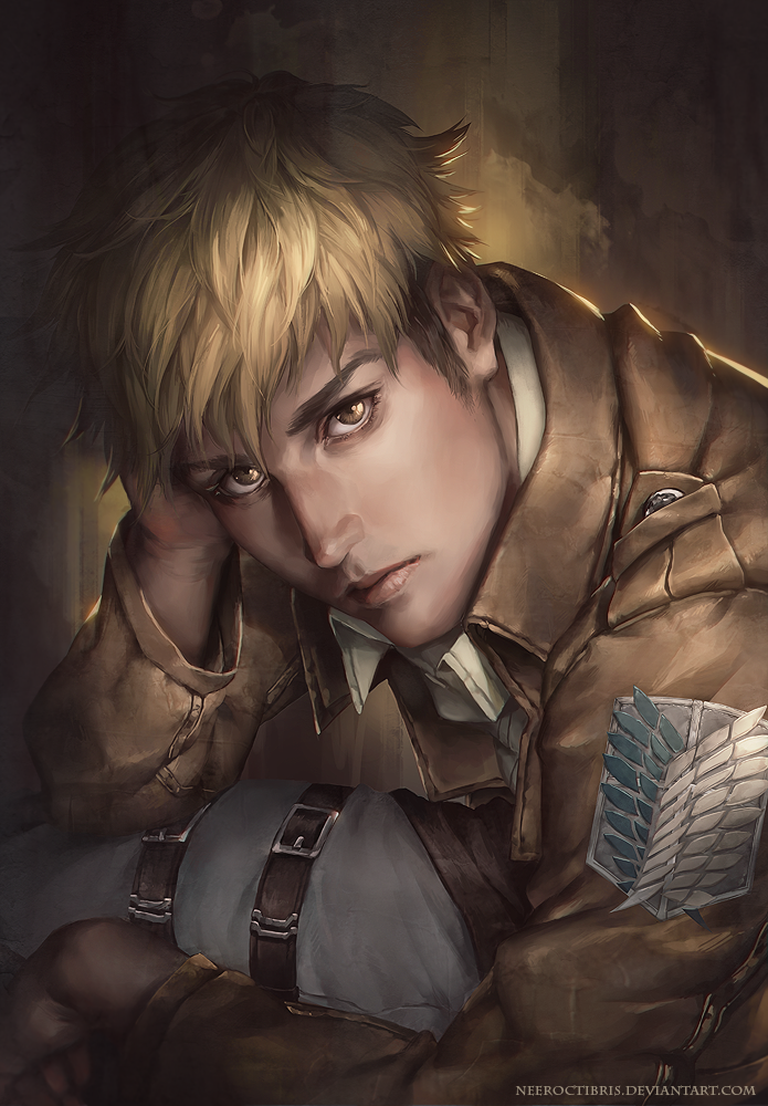 1boy, blonde_hair, hand_on_own_head, jean_kirchstein, jurikoi, male, portrait, realistic