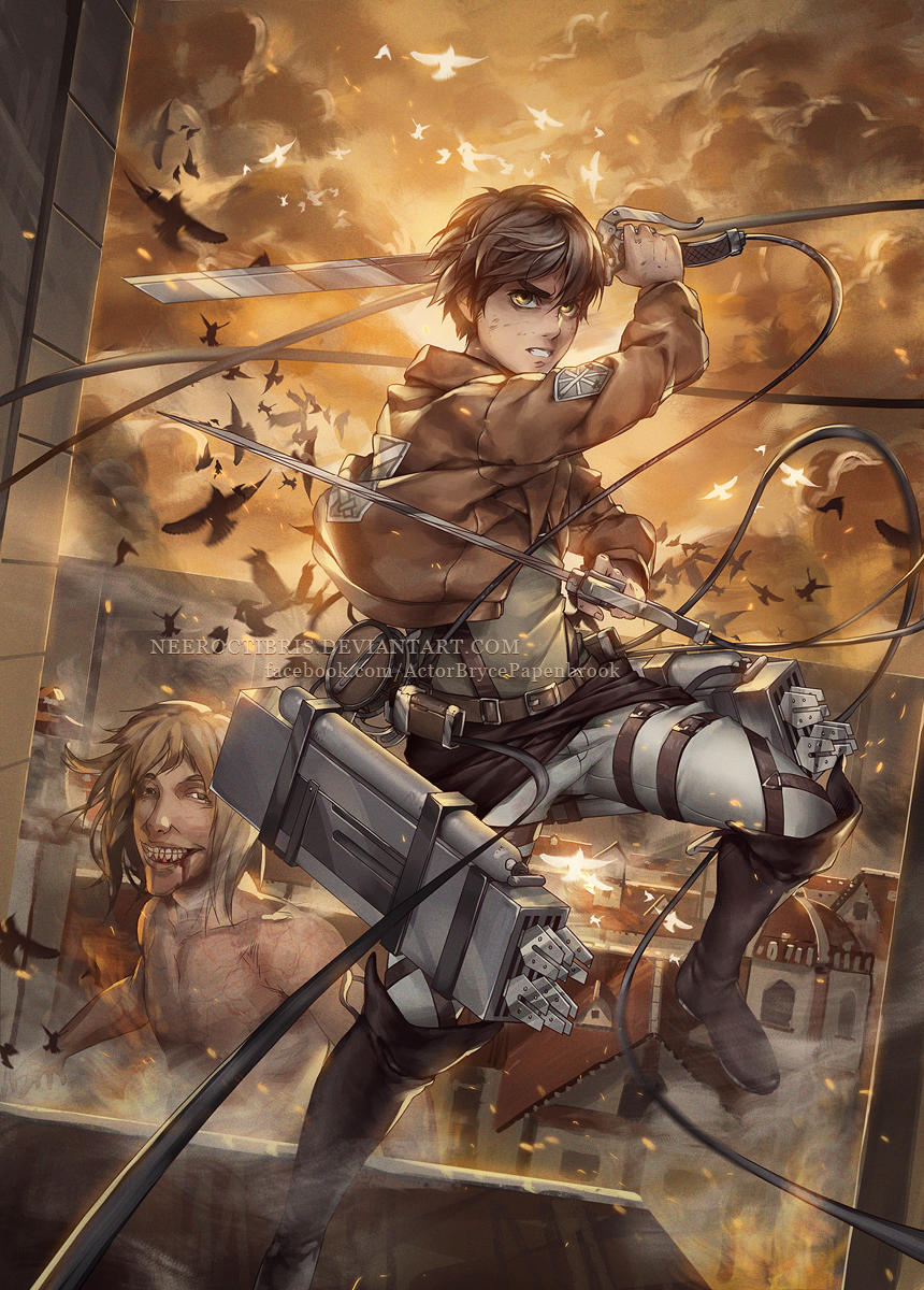 1boy, bird, dual_wielding, eren_jaeger, highres, jurikoi, male, shingeki_no_kyojin