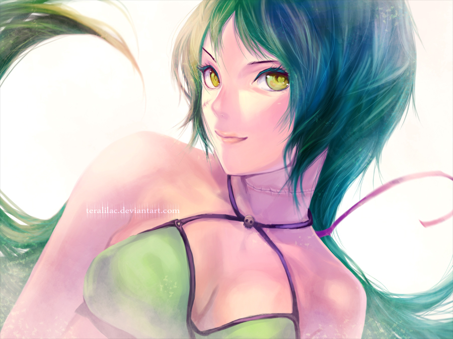 1girl, bare_shoulders, bikini, blue_hair, long_hair, original, portrait, scar