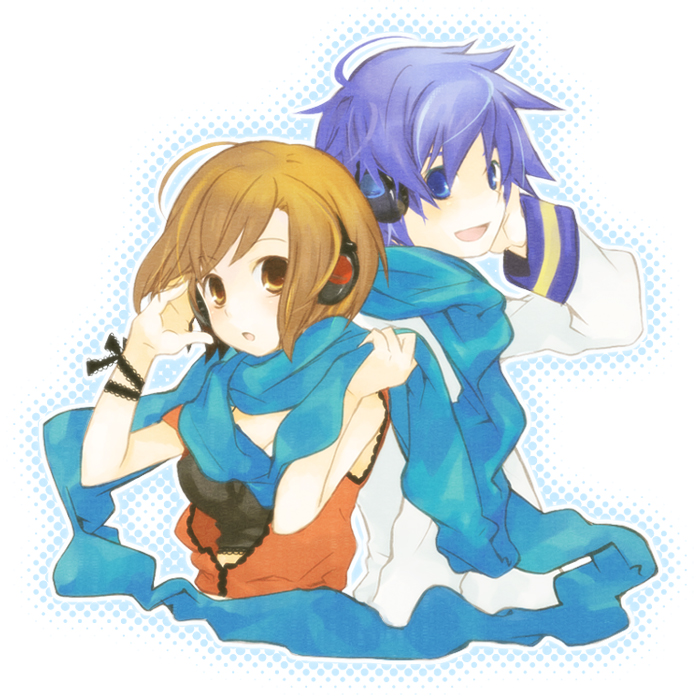 blue_hair, brown_eyes, brown_hair, hand_on_headphones, headphones, jiruta, kaito, meiko