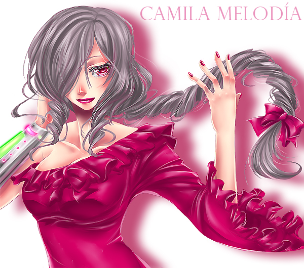 camila_melodia, cleavage, d.artemisatto, dress, drill_hair, hair_over_one_eye, hair_ribbon, lipstick, long_hair, nail_polish, pink_eyes, ponytail, ribbon, silver_hair, smile, solo, utau