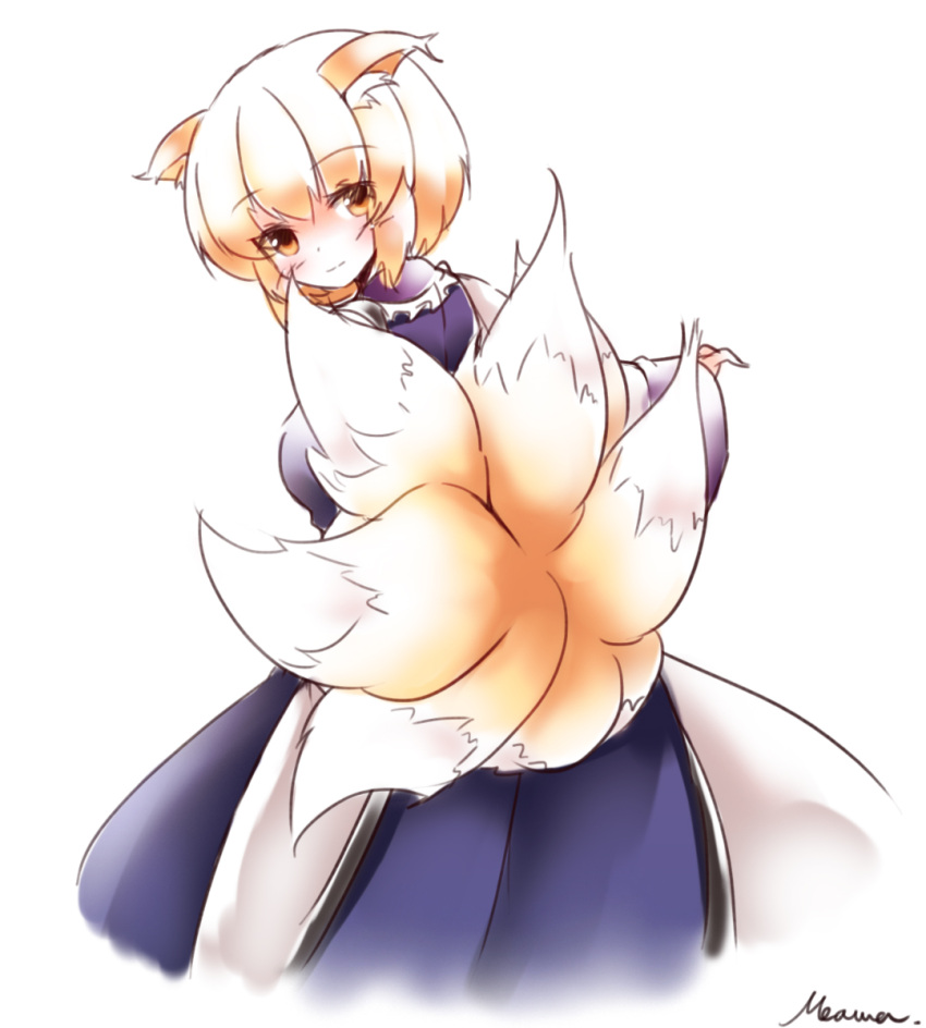 1girl, animal_ears, blonde_hair, blush_stickers, dress, fox_ears, fox_tail, highres