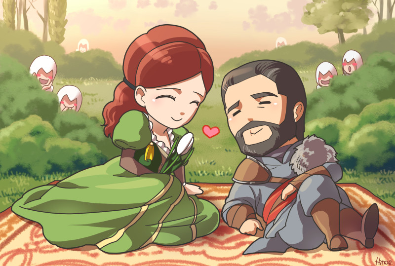 assassin's_creed:_revelations, blanket, chibi, couple, ezio_auditore_da_firenze, heart, hetero, hinoe_(dd_works)