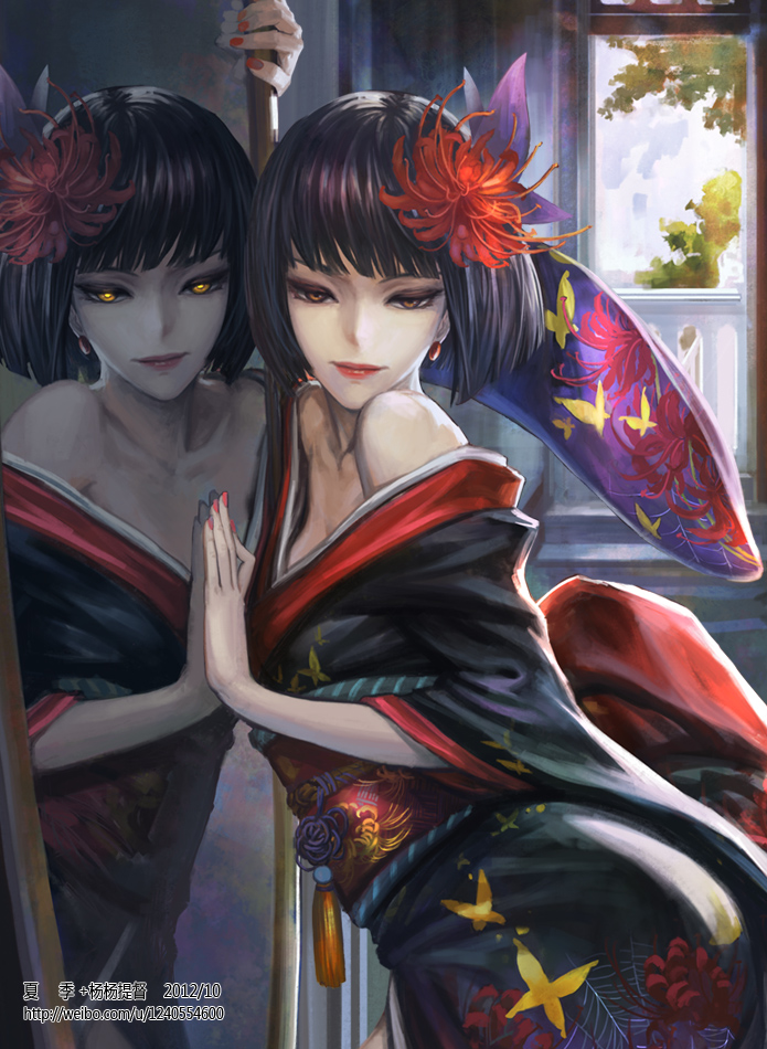 against_mirror, black_hair, brown_eyes, colored, dated, dual_persona, fingernails, glowing, glowing_eyes, japanese_clothes, off_shoulder, original, short_hair, watermark, web_address, xiaji, yellow_eyes
