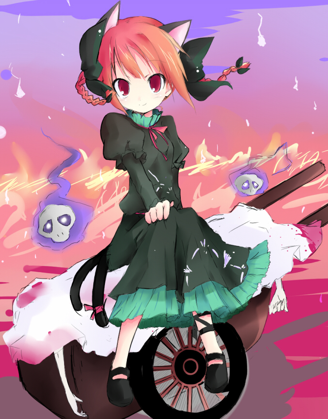 braid, cat_ears, cat_tail, hair_ribbon, kaenbyou_rin, multiple_tails, red_eyes, red_hair