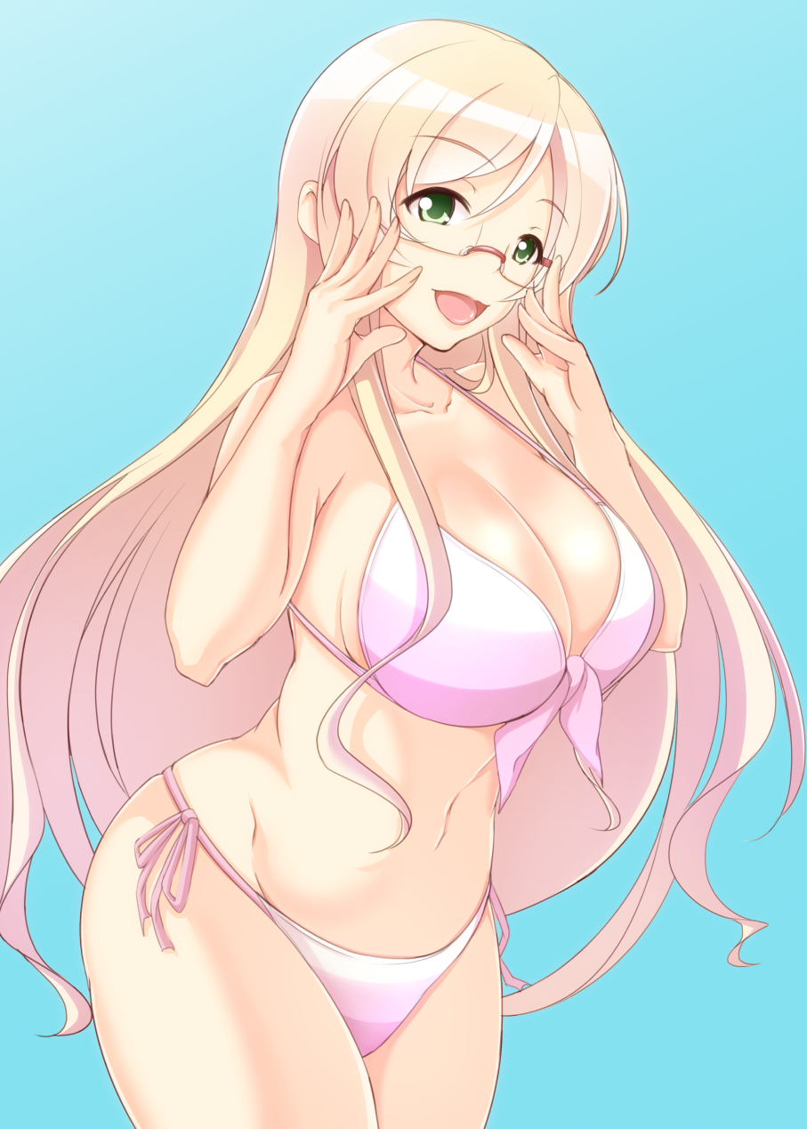 1girl, adjusting_glasses, bikini, blonde_hair, blue_background, breasts, front-tie_top, futsuu_no_joshikousei_ga_locodol_yattemita, glasses, green_eyes, hana_(ikihaji8192), highres, kohinata_yukari, large_breasts, long_hair, pink_bikini, side-tie_bikini, solo, swimsuit