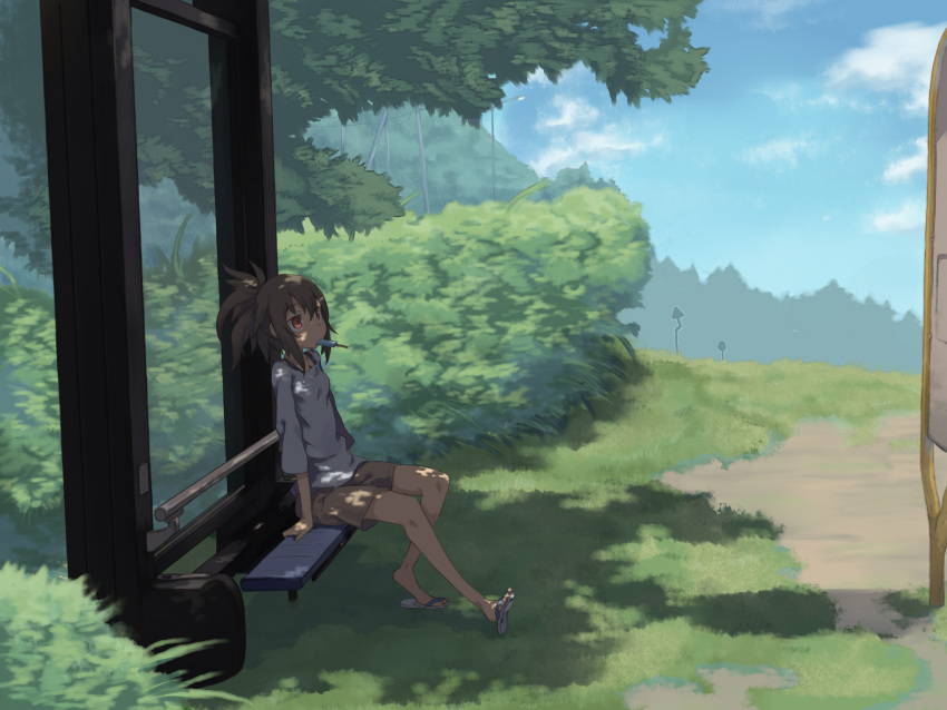 1girl, absurdres, auru_t, brown_hair, bush, casual, denim, highres