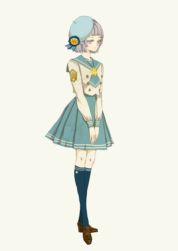 1girl, beret, blue_hat, brown_shoes, hat, hoshi_meguru, kneehighs, mahou_shoujo_taisen