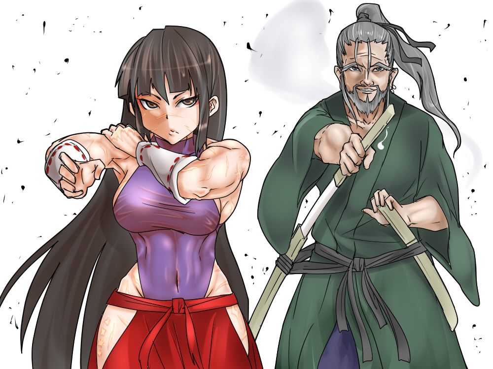 1boy, 1girl, beard, black_hair, breasts, brown_eyes, detached_sleeves, eyebrows, eyeliner, facial_hair, fighting_stance, grey_hair, hair_ribbon, hakama, japanese_clothes, katana, kimono, konpaku_youki, kuranosuke, large_breasts, leotard, long_hair, m.u.g.e.n, makeup, mound_of_venus, muscle, navel, nontraditional_miko, original, ponytail, ribbon, scar, sendai_hakurei_no_miko, sheath, skin_tight, sword, taut_clothes, thick_eyebrows, touhou, unsheathing, very_long_hair, weapon