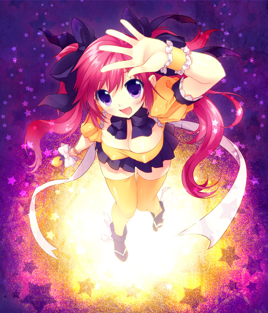 hair_bow, halloween, looking_up, narumi_(blue_monday), open_mouth, original, pink_hair, purple_eyes