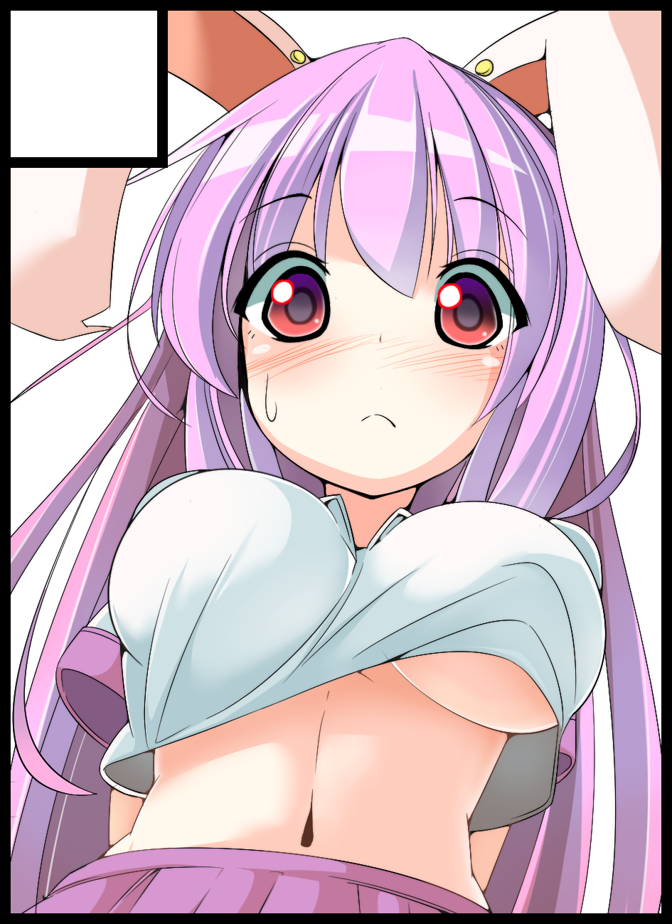 1girl, alternate_costume, animal_ears, arms_behind_back, blush, breasts, crop_top, crop_top_overhang