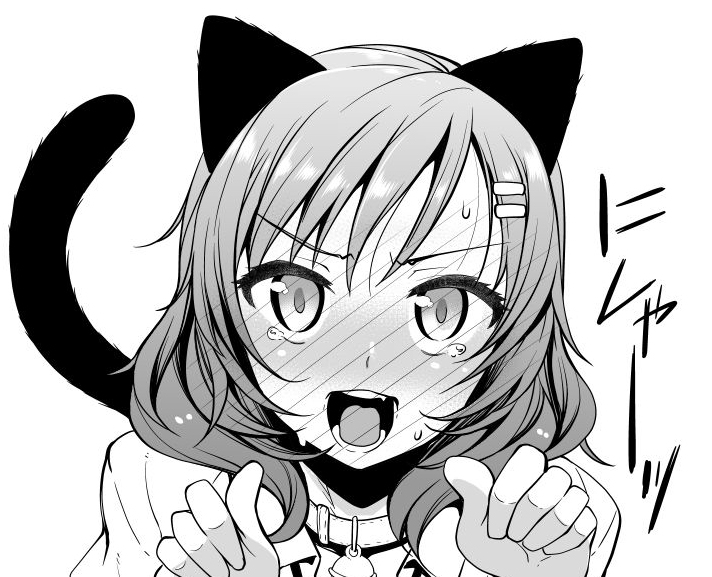 1girl, akino_sora, animal_ears, animal_pose, bell, blush, cat_ears, cat_tail, collar, embarrassed, full-face_blush, hair_ornament, hairclip, looking_at_viewer, love_live!_school_idol_project, monochrome, nishikino_maki, short_hair, solo, tail, tears