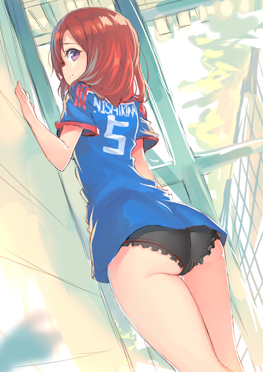1girl, 2014_fifa_world_cup, absurdres, ass, black_panties, blush, frilled_panties, frills, from_behind, highres, japan, kame^^, looking_at_viewer, looking_back, love_live!_school_idol_project, nishikino_maki, no_pants, panties, redhead, short_sleeves, underwear, violet_eyes, world_cup