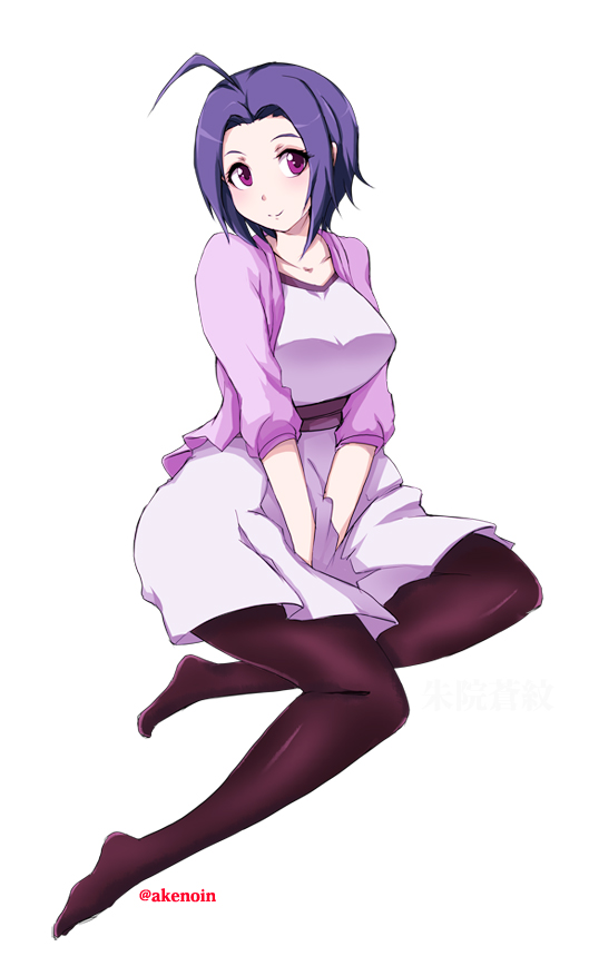 1girl, ahoge, akenoin_soumon, black_legwear, blue_hair, blush, breasts, fashion, feet, idolmaster, miura_azusa, pantyhose, short_hair, simple_background, sitting, smile, solo, violet_eyes