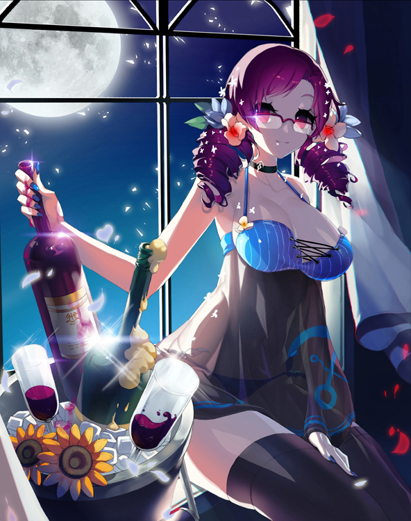 1girl, alcohol, babydoll, bare_shoulders, bottle, breasts, bucket, cup