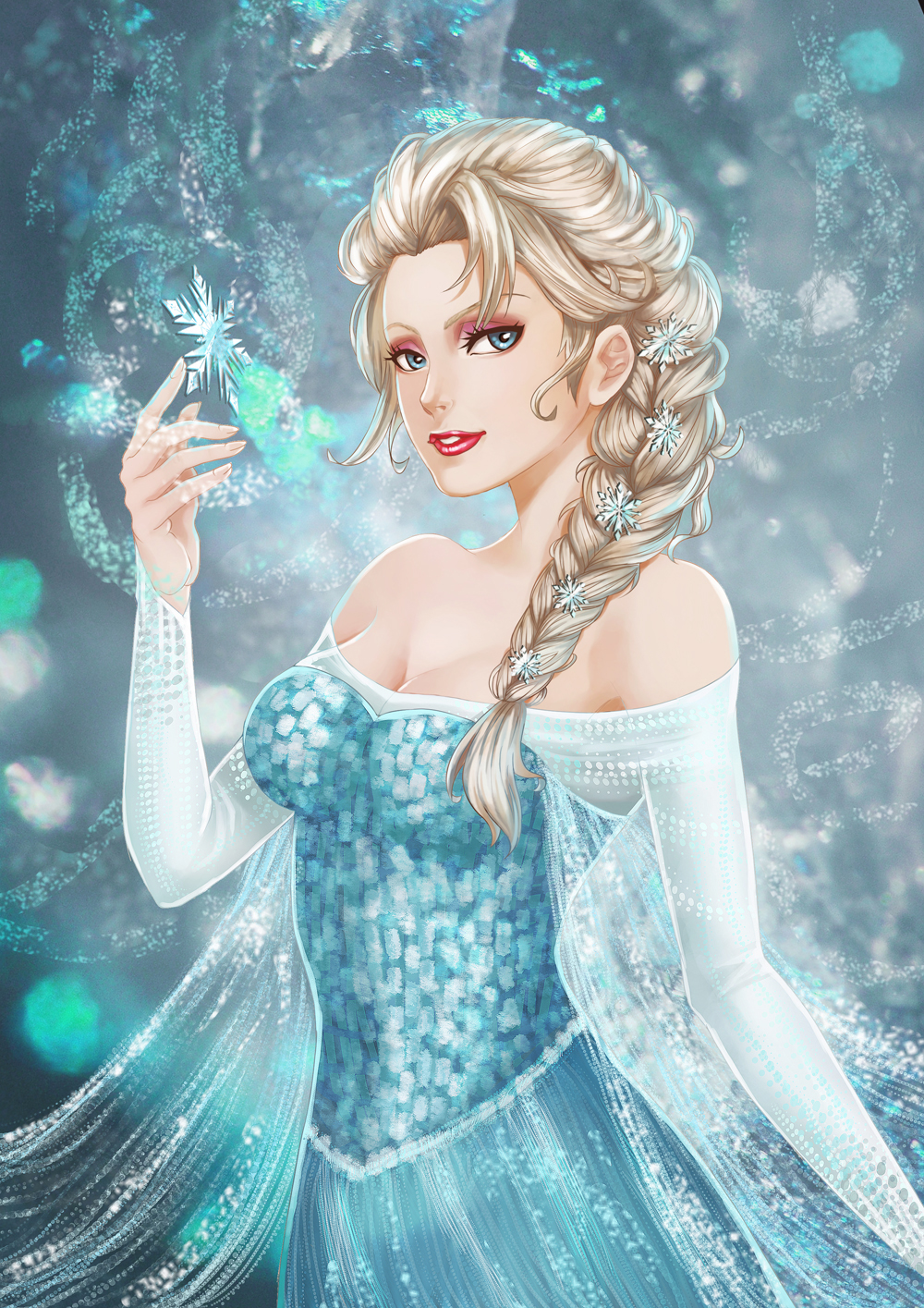 1girl, bare_shoulders, blonde_hair, blue_eyes, braid, breasts, cleavage, dress