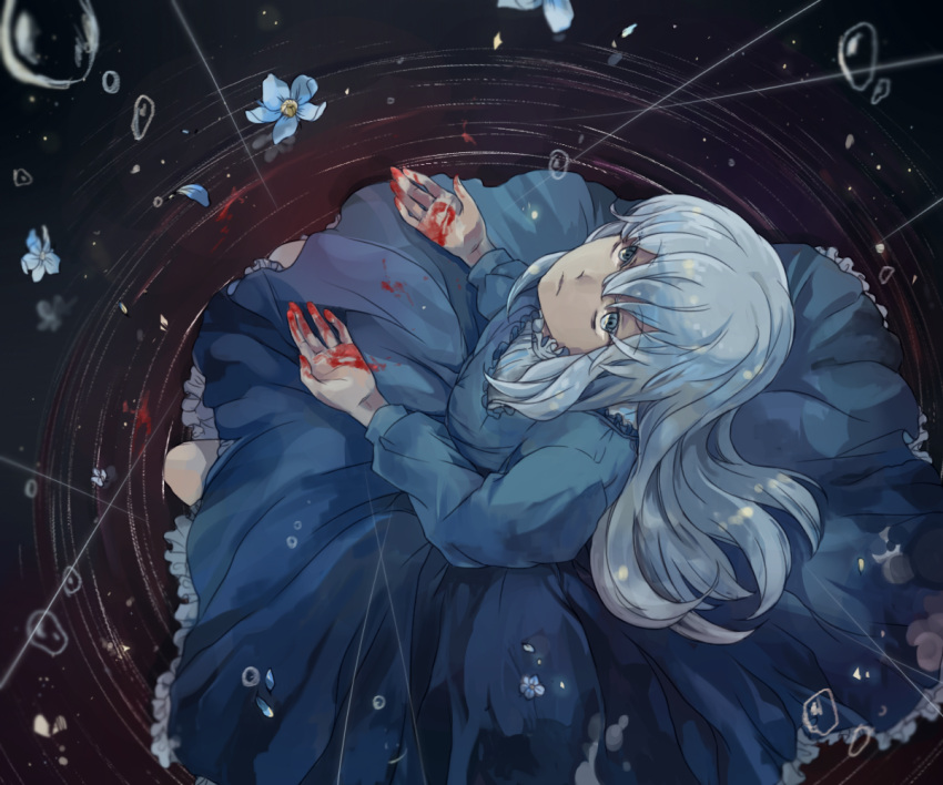 1girl, blood, bloody_hands, bubble, dress, echo, flower, frills
