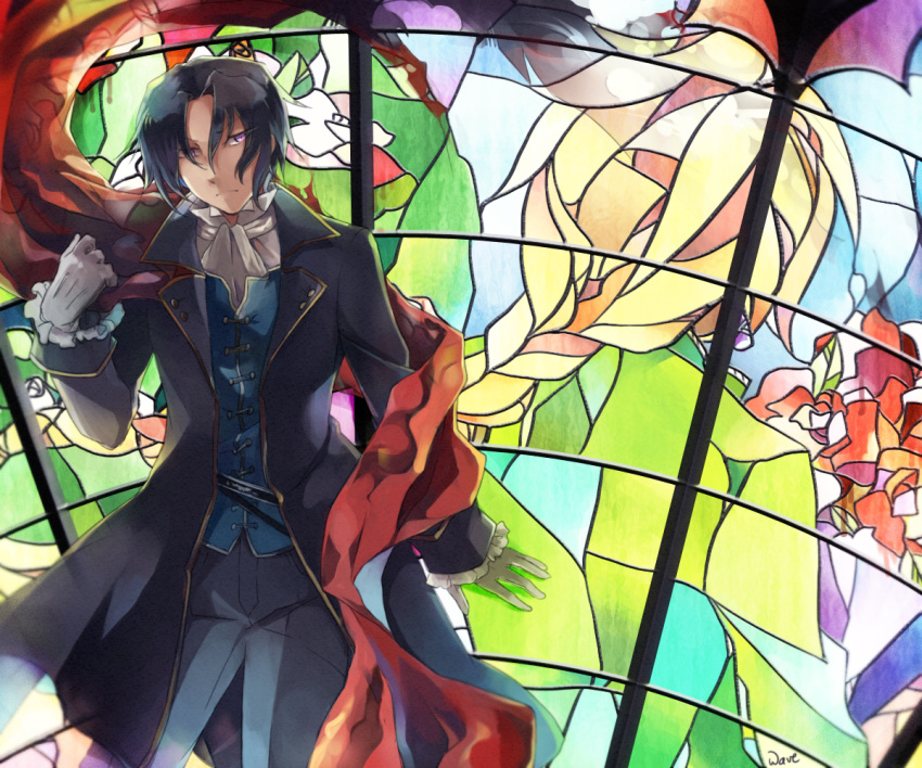 1boy, blonde_hair, bow, braid, brown_hair, cape, coat, earrings, flower, formal, frills, gloves, jack_vessalius, jewelry, oswald_baskerville, pandora_hearts, short_hair, vest, violet_eyes, weiv, window