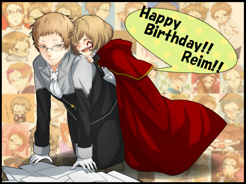 1boy, 1girl, blush, bow, brown_hair, cape, closed_eyes, formal