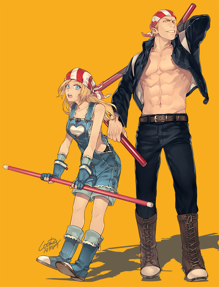 1girl, bandana, billy_kane, blonde_hair, blue_eyes, cooru, fatal_fury, gloves