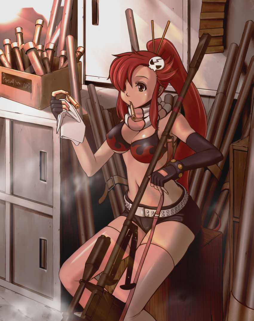 1girl, anti-materiel_rifle, belt, bikini_top, black_gloves, breasts, brown_eyes, bullet, cleavage, elbow_gloves, fingerless_gloves, gloves, gun, hair_over_one_eye, highres, hyper_heiki, large_breasts, long_hair, midriff, mouth_hold, pipe, ponytail, redhead, rifle, scarf, short_shorts, shorts, sniper_rifle, solo, studded_belt, tengen_toppa_gurren_lagann, thigh-highs, weapon, yoko_littner